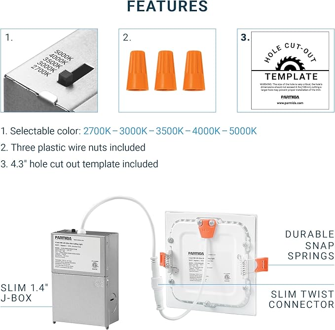 PARMIDA (12 Pack) 4 Inch Square 5CCT Ultra Thin LED Recessed Lighting with Junction Box, 2700K/3000K/3500K/4000K/5000K 5 Color Selectable, 9W, Dimmable, Canless Wafer Slim Panel Lights, IC Rated, ETL