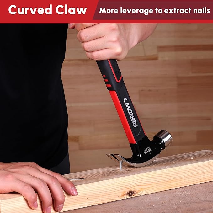 ARROW 16oz Claw Hammer with Shock-Absorbing Fiberglass Handle, Smooth Face and Forged Steel Head, Curved Claw Hammer for Carpentry and General Purpose