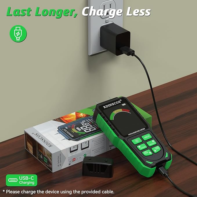Rechargeable Moisture Meter for Wood, Walls & Hardwood – Accurate Pin-Type Digital Tester with Large Color Display, Automatic Alarm, Calibration & HOLD Function for DIY & Construction Projects