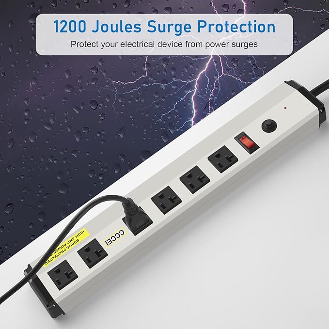 CCCEI Heavy Duty Power Strip Surge Protector 20 Amp, High Amp Industrial Shop Garage Metal Multiple Outlets, 15 FT 12 Gauge 5-15P Extension Cord 6 Outlet 6-20R T-Slot 20a for Appliance.