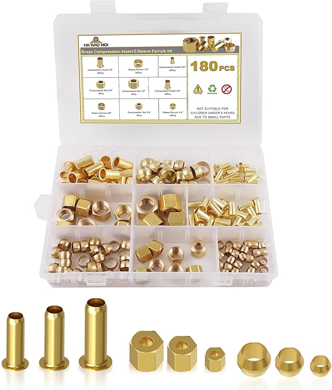 180 PCS Compression Fittings Assortment kit - 3 sizes (1/4", 3/8", 1/2") of Brass Compression Sleeve Ferrule, Insert and Nuts,Used to Connect Lines for Air,Water,Fuel,Oil and Inert Gases