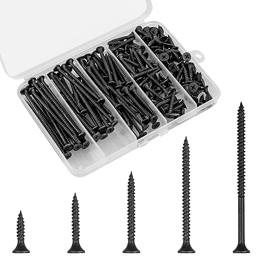 Wood Screws Assortment Kit, 168 PCS, High Hardness Phillips Drive Screws Set, Black Flat Head Wood Screws, Carbon Steel, 5 Sizes, Self-Tapping Screws for Wood, Drywall, Slate