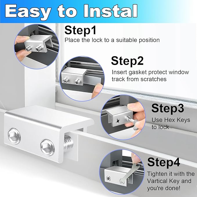 6 Sets Sliding Window Locks With Key - Up and Down, Vertical & Horizontal Security Locks - Easy to Install Adjustable Aluminum Stopper Lock (Silver)