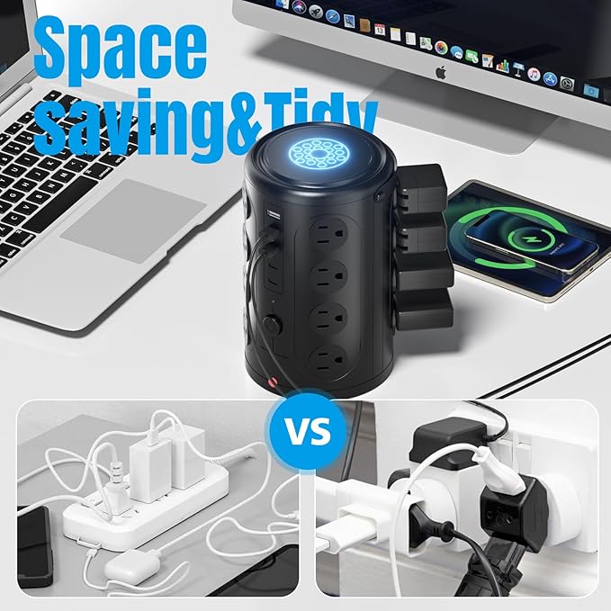 Power Strip Tower Surge Protector with 16 Outlets and 5 USB Ports (2 USB-C), 15FT Extension Cord with Multiple Outlets,Heavy Duty Charging Station,Home Office Dorm Room Essentials.