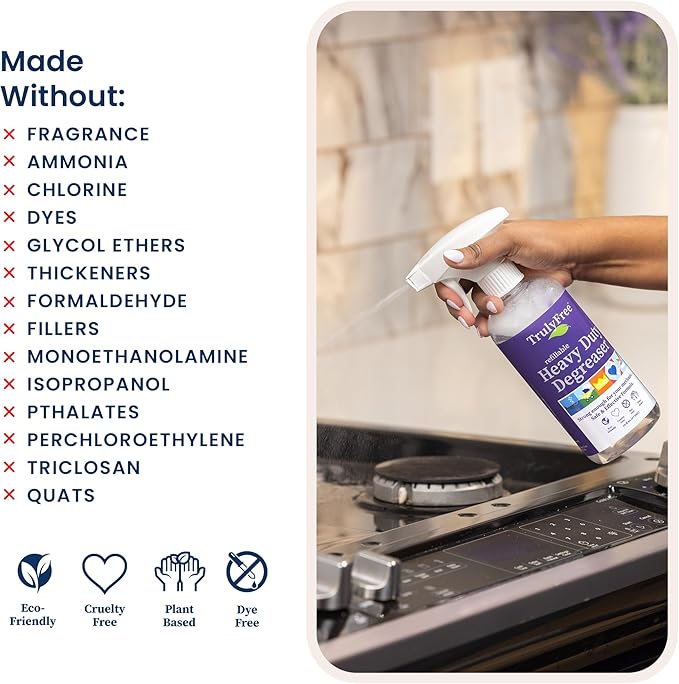 Truly Free Heavy Duty Degreaser- Grease Remover & Grime Cleaner for Kitchen, Automotive & More, Household Cleaning Supplies, Fragrance-Free, Includes 16 oz Reusable Empty Bottle & 2 Refills (4 oz)