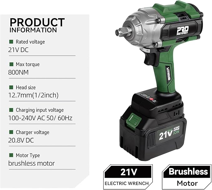 Prostormer 800N.m(580Ft-lbs) Cordless Impact Wrench, 1/2" Brushless High Torque Impact Gun Kit for Car Home, 2x4.5Ah Rechargable Batteries, Charger & 8 Sockets