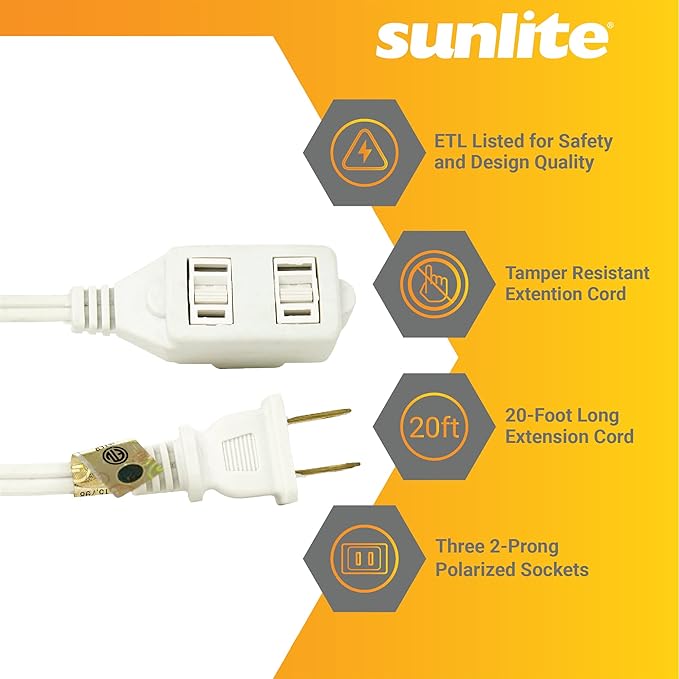 Sunlite 04140-SU 20-Foot Household Extension Cord, Three 2-Prong Polarized Sockets, Tamper Guards, Indoor Use, for Small Appliances, Electronics, Lamps, Fans, Mobile Devices, ETL Listed, 20', White