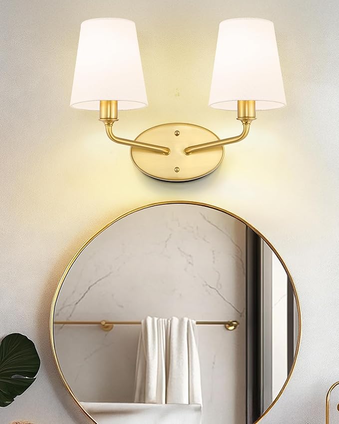 Emak 2-Light Bathroom Vanity Light, Brushed Gold Bathroom Light Fixtures Over Mirror with Flared White Fabric Shade, Modern Wall Sconce for Bath, Mirror, Hallway, VL132-BGD-WF-2
