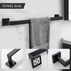 TURS Black Bathroom Towel Bar Set Square 5 Pieces Bathroom Hardware Set Matte Black Towel Holder Set Wall Mounted,SUS304 Stainless Steel, 23.6 Inch