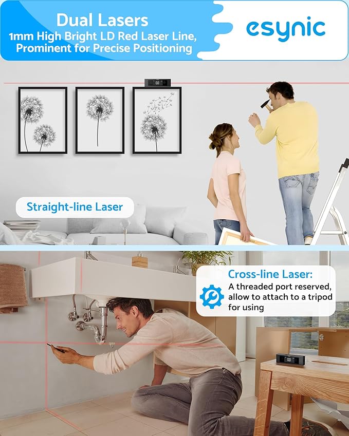 eSynic Portable Digital Angle Finder with Laser IP54 Waterpoof Digital Inclinometer 2 Backlight LCD Display Aluminium Alloy Rechargeable Laser Level Tool With Cross Leveling Line(Laser Level Class II)