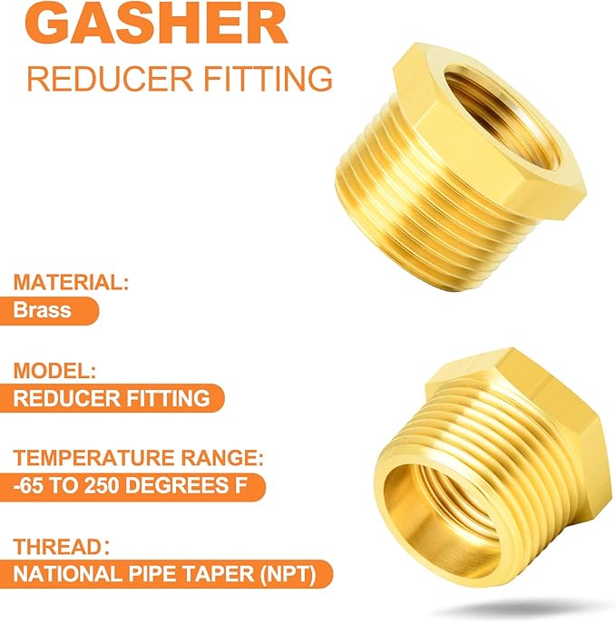 GASHER 12PCS Brass Hex Bushing Fitting Kit Hex Bushing 1/4" - 1/8", 3/8" - 1/8", 3/8" - 1/4", 1/2" - 1/4", 1/2" - 3/8", 3/4" - 1/2"