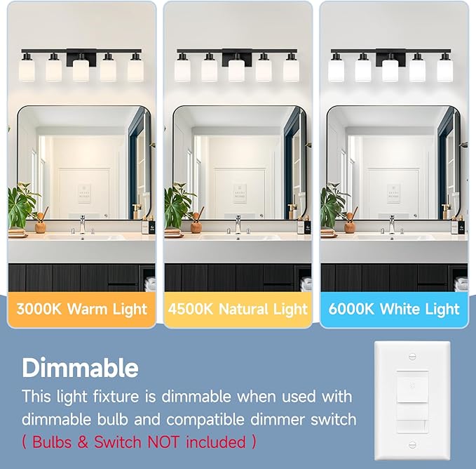 5-Light Bathroom Vanity Light, Modern Matte Black Bathroom Light Fixtures with Square Frosted Glass, Wall Sconces fixtures Over Mirror Restroom,Living Room Hallway E26