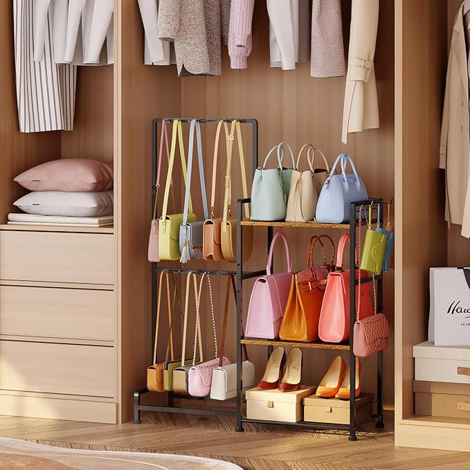 Purse Storage Organizer for Women, 3-Tier Max Purse Storage Stand Rack Holder & Bag Shelf for Closet,12 Fixed Hooks& 3 Side Hooks,Keeping Purses Visible,Purse Display & Bag Organizer for Various Bags