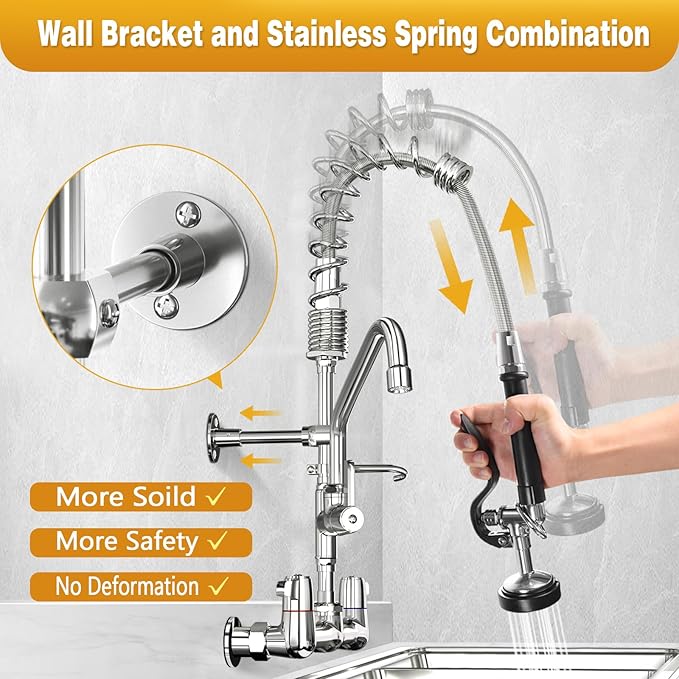 Commercial Kitchen Faucet with Sprayer for Restaurant-Chefs: BESTJEEF Commercial Sink Faucet for Cook - 21" Height 8" Center Wall Mount Kitchen Faucet with Stainless Spring Spray and 8" Add-On Spout