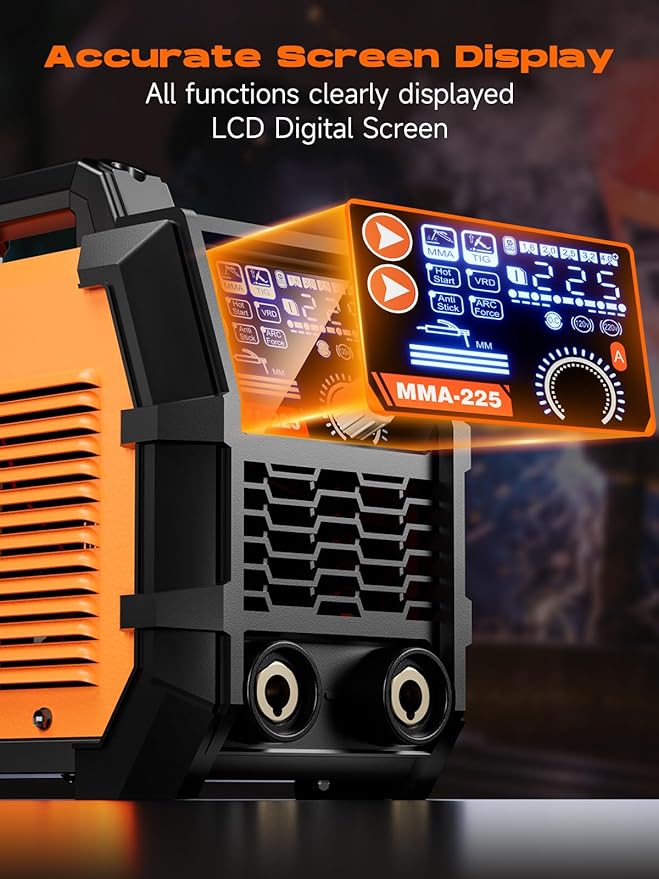 225 Amp Stick Welder with Large LCD Display, Digital IGBT Inverter, 110V/220V Portable Stick Welding Machine. Features include Dual Voltage, Hot Start, Arc Force, Anti-Stick, and VRD Protection
