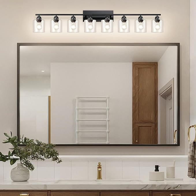 Modern 8 Light 52 inch Vanity Lights for Bathroom with Clear Glass, Black Bathroom Light Fixture for Mirror Kitchen Living Room Hallway Cabinet Porch