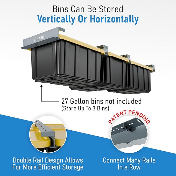 HANDT Overhead Garage Storage Rack, Connectable Heavy Duty Metal Ceiling Rails For Garage Storage Organization Shelving System, Hanging Racks For Tote Containers, Supports Up To 3 Bins, 2 Sets Gray