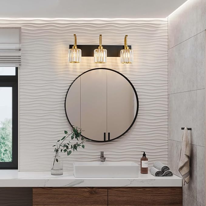 3-Light Crystal Vanity Light, Modern Black Gold Bathroom Wall Sconce with K9 Crystal Shades, 23.62" Long Over Mirror Lighting for Vanity, Makeup, Hallway, Elegant & Durable