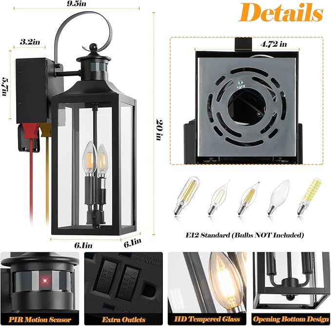 20" Black Motion Sensor Outdoor Lights with GFCI Outlet, Dusk to Dawn Exterior Lighting Fixtures, Porch Lights with GFCI Outlet Built-in, Waterproof Outdoor Wall Sconce for House Front Door Patio