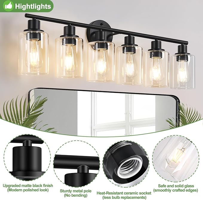 6-Light Bathroom Light Fixtures, Black Modern Vanity Lights with Clear Glass Shade, Bathroom Wall Lamp for Mirror Kitchen Living Room Hallway Cabinet Porch