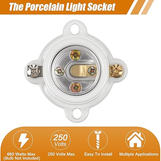 8 Pcs Porcelain Lamp Holder Socket E26/E27 Medium Keyless Threaded Socket with Two Hole Flanged Mounting 660W 250V Medium Base Lampholder Cleat Sockets for Indoor Garage Closet Lighting