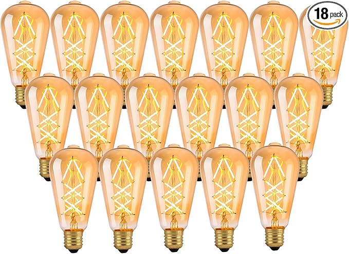 OMED LED Edison Light Bulb 18 Pack, Dimmable Vintage Style Amber Glass Criss-Cross Filament LED Bulbs, 60 Watt Equivalent 2700K Soft White Edison Bulb, 600 Lumens 6W Medium Base E26 ST64 Light Bulb