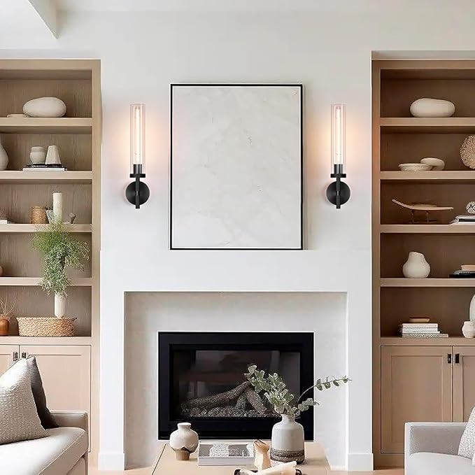 Modern Black Hardwired Wall Sconces, 21'' Knurled Bathroom Wall Sconce, Indoor Wall Sconce,Copper and Glass Vanity Light, for Living,Bedroom, Hallway, Staircases, Include Bulbs