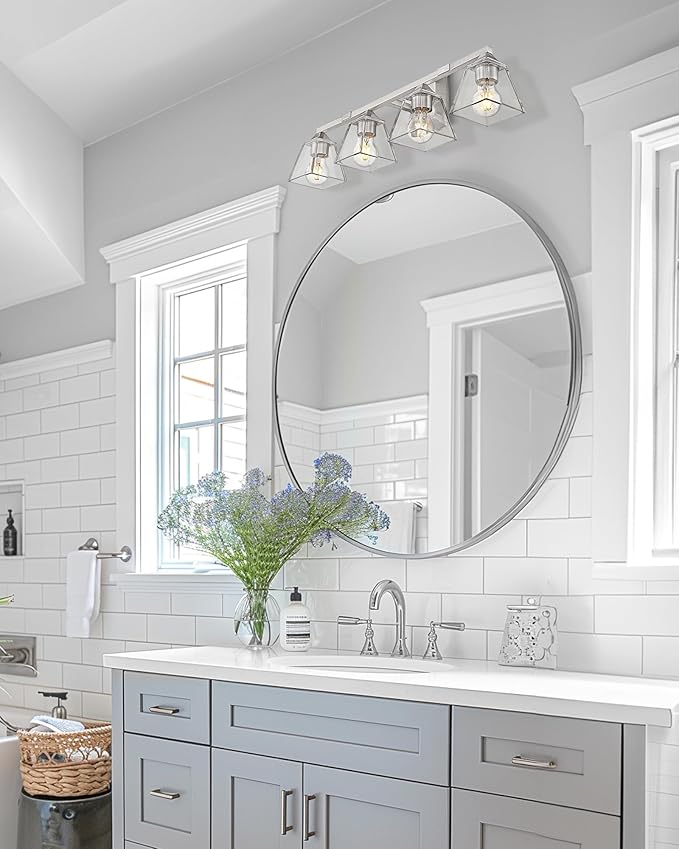 Brushed Nickel Bathroom Vanity Light, HWH 4-Light Vanity Light Fixture Modern Vanity Wall Sconce Lamp Over Mirror with Square Glass Shade, 5HY68B-4W BN