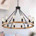 31.5'' 12 Lights Wooden Wagon Wheel Chandelier Natural Farmhouse Wood Round Chandelier Black Rustic Light Fixture for Living Dining Room Entryway Foyer Kitchen