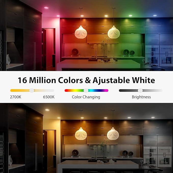 Smart Recessed Lighting, 6 Inch 12W 1080LM(100W/120W Bulbs Equivalent) RGBCW Canless Recessed Lights Wireless Control Color Changing LED Soffit Lights with Junction Box, 12Pack