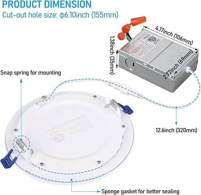 TORCHSTAR 12-Pack 6 Inch Ultra-Thin LED Recessed Lighting with J-Box, CRI90, 5000K Daylight, 12W Dimmable 1100lm Brightness LED Downlight, ETL & Energy Star Listed