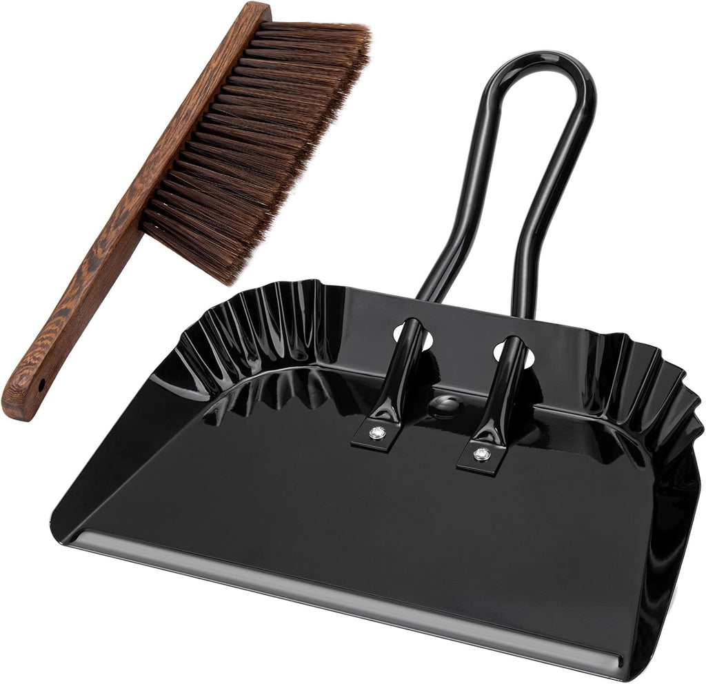 17In Extra Large Dust pan and Brush Set,Commercial Heavy-Duty Dust Pans and Wood Broom,Clip on Dust Pan Metal Edge Flat Against Floor for Patio/Pet/Car/Outdoor-Rubber Coated Easy to Grasp Handle