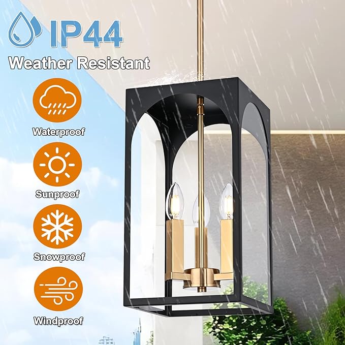 VINLUZ 3 Lights Outdoor Pendant Light Fixture in Black and Brushed Brass Finish, Classic Indoor Outdoor Hanging Lantern Lighting with Clear Glass Shade for Porch Entryway Hallway