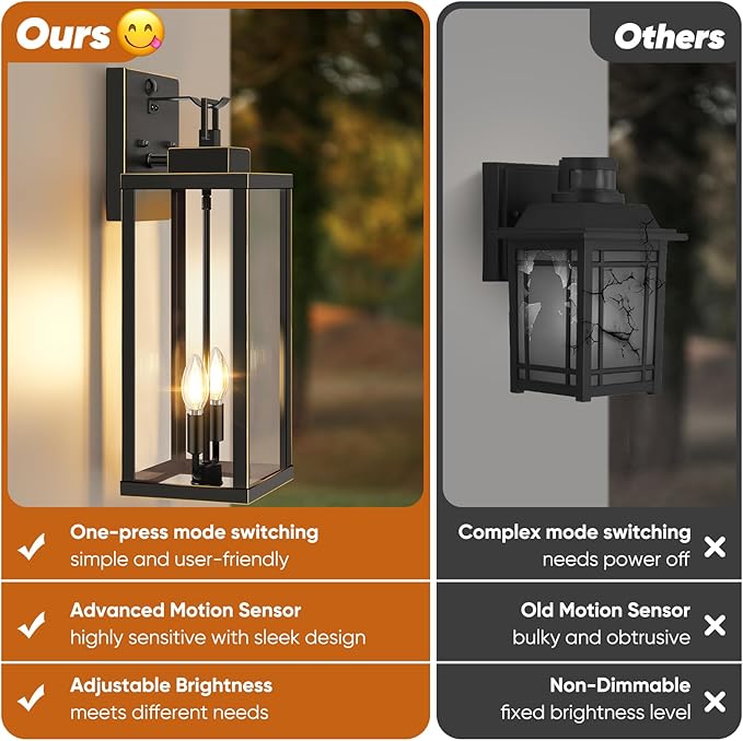 BesLowe 18” Upgraded Motion Sensor Outdoor Wall Lights, Dusk to Dawn Porch Lights Outdoor Wall Sconces, 3 Lighting Modes Exterior Lighting Fixtures with Hooks, Bronze Outside Lights for House, 2-Pack