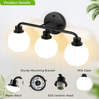 Bathroom Light Fixtures Black Vanity Light, 3 Light Wall Sconces Lighting Bathroom Lights with Milk Glass Shades, Bath Wall Lights Wall Lamp for Mirror, Kitchen, Living Room, Bedroom, Hallway