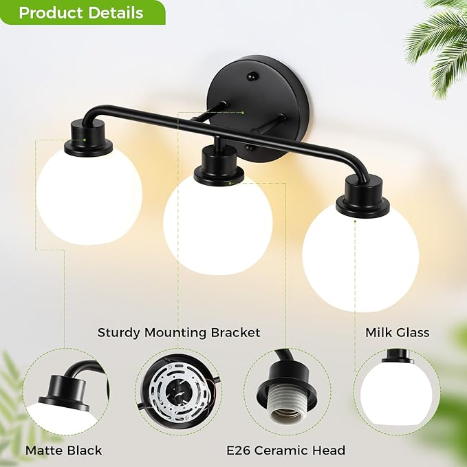 Bathroom Light Fixtures Black Vanity Light, 3 Light Wall Sconces Lighting Bathroom Lights with Milk Glass Shades, Bath Wall Lights Wall Lamp for Mirror, Kitchen, Living Room, Bedroom, Hallway