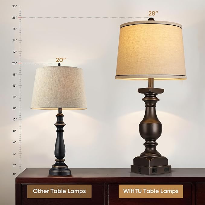 28'' Farmhouse Bedside Lamps Set of 2, Black Gold Table Lamps for Nightstand, Desk Lamps with Linen Shades, Table Lamps with USB A+C Port, Nightstand Lamps for Bedroom, Rocker Switch, Bulb Included