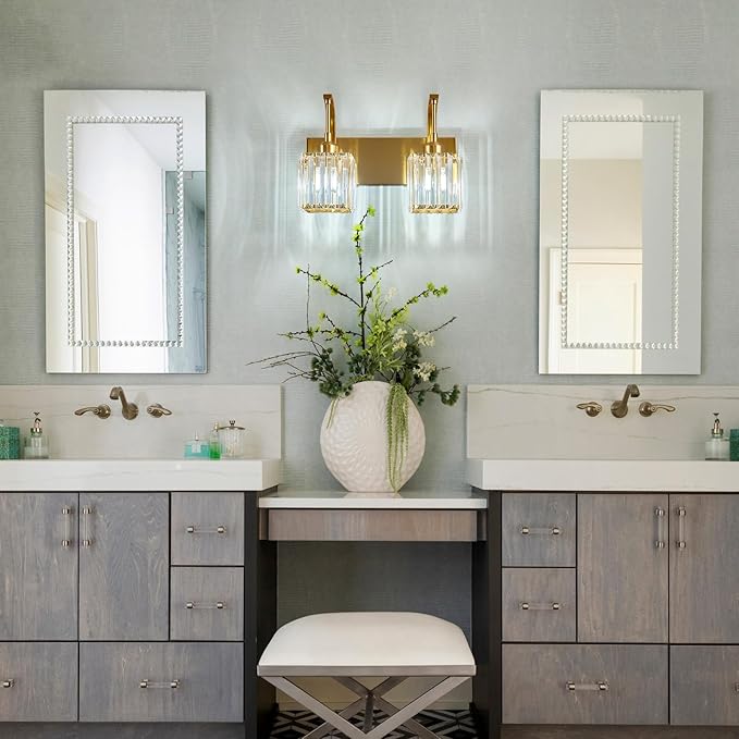 Crystal Vanity Lights 2-Light Gold Wall Lamp Modern Crystal Bathroom Light Fixtures Over Mirror 13.77" Long Bathroom Wall Sconce