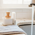 Full Circle Bubble Up Combo-Family Safe,Formaldehyde-Free-Gray Ceramic Soap Dish with Plant-Based Sponge & Bamboo Dish Brush-Versatile Kitchen Scrub Brush Set for Pots,Pans,Counter & Sink,White