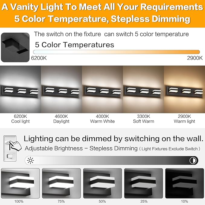 SOLFART 5 Color Temperature Adjustable Black 3 Lights Bathroom Vanity Fixtures, LED Vanity Light Over Mirror, Bathroom Light Fixture for Vanity
