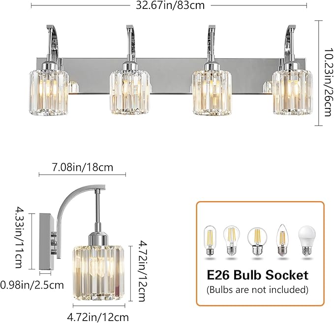 4-Light Crystal Vanity Light, Modern Chrome Bathroom Wall Sconce with K9 Crystal Shades, 32.67" Long Over Mirror Lighting for Vanity, Makeup, Hallway, Elegant & Easy Install