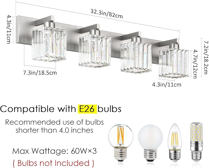 Aipsun Brushed Nickel Bathroom Lighting Fixtures 4 Light Crystal Modern Bathroom Vanity Light (Exclude Bulb)