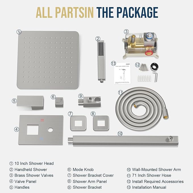 Shower Faucet Set Bathroom Square Rain Shower Head and Handle Set, Wall Mounted Shower Fixtures, Full Metal Trim Repair Kit 10 inch Brushed Nickel (With Shower Valve)