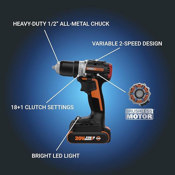 Worx Nitro 20V Cordless 1/2" Drill Driver With Brushless Motor - Compact & Lightweight Set Only 6" and 3 lbs. - Power Share Compatible WX130L - Batteries & Charger Included