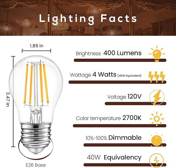 A15 LED Light Bulb 4W (40W Equivalent), 2700K Warm White, Dimmable Edison Filament, 400 Lumens, E26 Medium Base, Clear Glass – Ceiling Fan, Refrigerator/Appliance, Vanity & Chandelier (6-Pack)