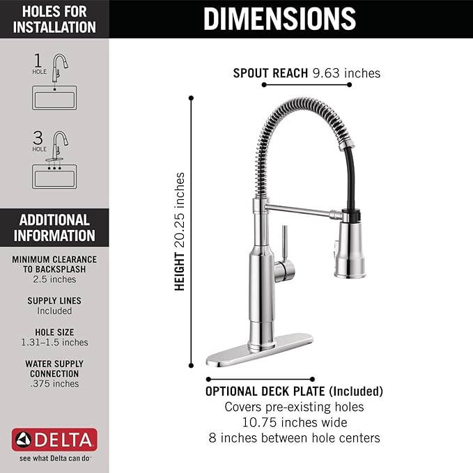 Delta Theodora Pro Style Commercial Kitchen Faucet with Pull Down Sprayer, Chrome Single Hole Kitchen Sink Faucet, Single Handle, Chrome 18804Z-DST