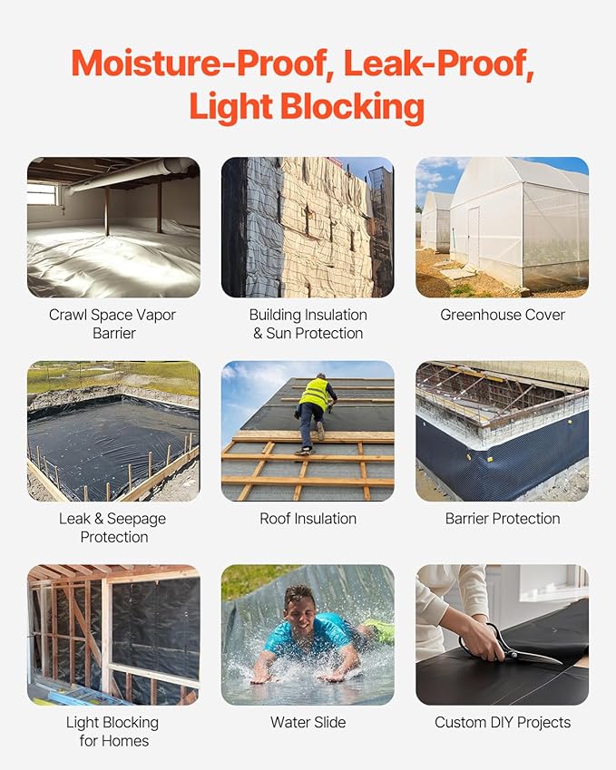 VEVOR 14 Mil Plastic Sheeting Heavy Duty 10' x 100', Thick Plastic Sheeting Roll, Plastic Drop Cloth Painters Tarp Covering for Crawl Space Vapor Barrier, Black and White Double-Sided, Multi-Purpose