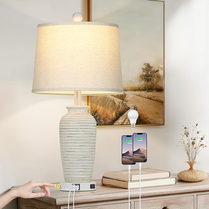 25" Retro White Farmhouse Jar Table Lamps for Living Room, 3 Way Touch Control Rustic Bedside Lamps with USB A+C Ports & AC Outlet, Pot Nightstand Lamps for Bedroom (LED Bulbs Included)