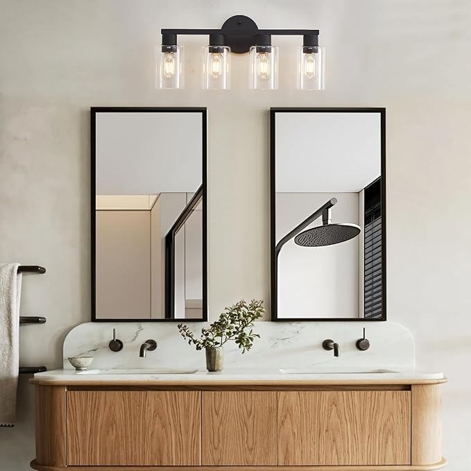 4 Light Bathroom Vanity Light, Matte Black Bathroom Light Fixtures with Clear Glass Shade, 4-Light Vanity Lights, Black Lighting Fixtures for Bath Mirror Bedroom Living Room Hallway Porch
