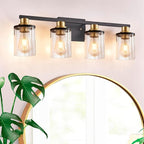 4-Lights Bathroom Vanity Light Fixtures, Modern Black Wall Lamp Over Mirror with Clear Glass Shade for Living Room, Hallway, Kitchen,Toilet, Cabinet Porch